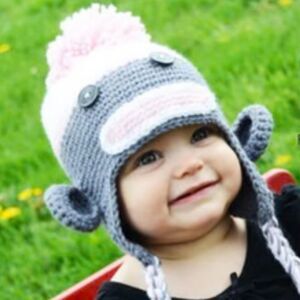 Daisy Baby Sock Monkey Beanie Hat Gray with Pink Pom 8-Preteen Photography NEW